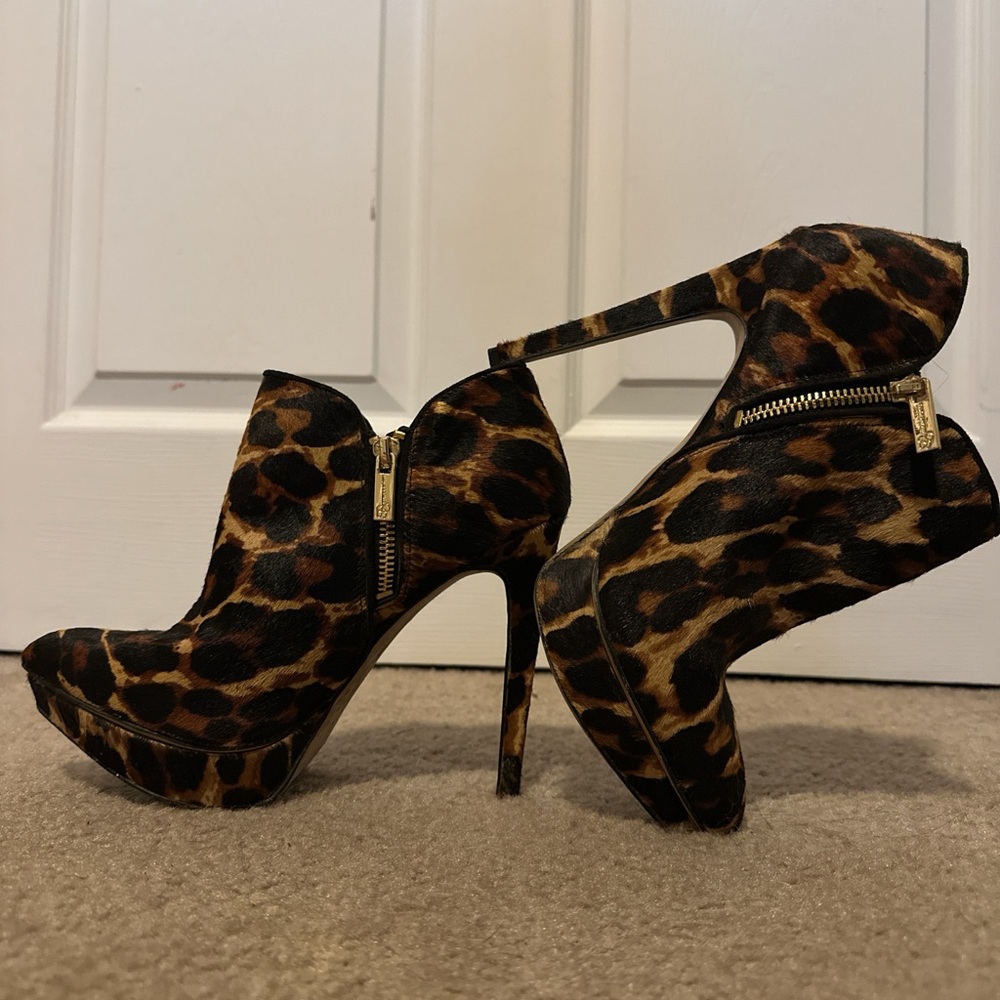 Leopard Print High Heel Platform Booties with Gold Zipper